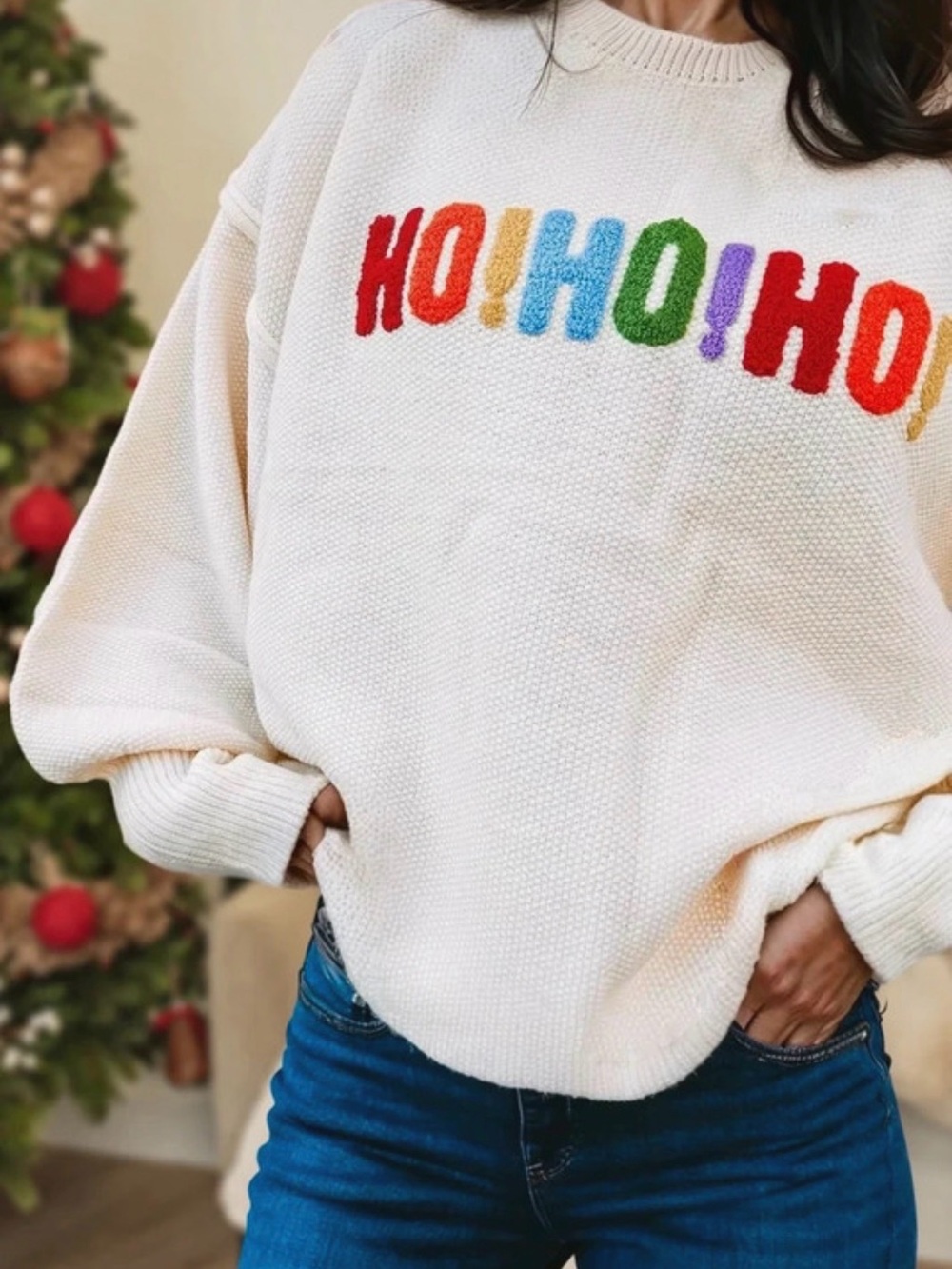 Cream 'HO! HO! HO!' Holiday Sweater - Multicolor Embroidery BNWOT size small